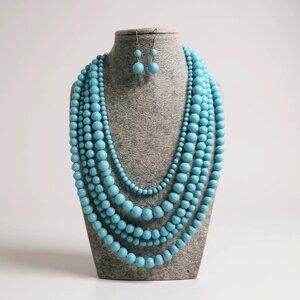 Five Layers Blue Turquoise Lucite Bead Necklace earring Set